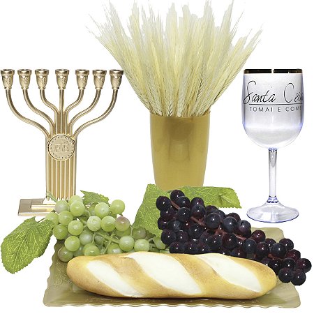 Kit Arranjo Santa Ceia Uvas Pão Taça 290ml Candelabro 16,5cm Bandeja Retangular Vaso e Trigo