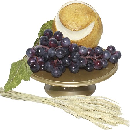 Kit Arranjo Santa Ceia Pequeno Bandeja Pedestal 20cm Pão Italiano P Uva e Trigo