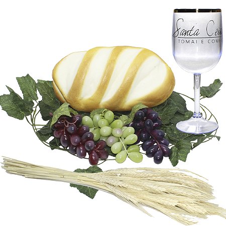 Kit Arranjo Santa Ceia Pão Uvas 14cm, Folhagem, Taça e Trigo