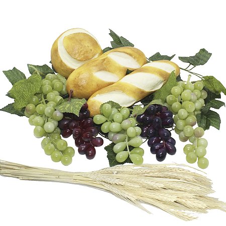 Kit Arranjo Santa Ceia 3 Pães Pequenos 2 Uvas 24cm 3 Uvas 14cm Folhagem E Trigo