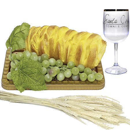 Kit Arranjo Santa Ceia Bandeja Retangular Lapidada Uva Pão Taça 290ml Trigo