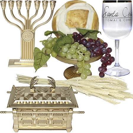 Kit Arranjo Santa Ceia Bandeja Luxo Degradê  Pão Italiano M Uvas Taça Arca Aliança 15cm Candelabro 16cm Trigo
