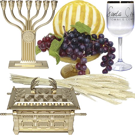 Kit Arranjo Santa Ceia Bandeja Luxo Degradê  Pão Italiano M Uvas Taça Arca Aliança 15cm Candelabro 16cm Trigo