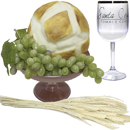 Kit Arranjo Santa Ceia Bandeja Luxo Degradê Pão Italiano M Uva Taça 290ml Trigo