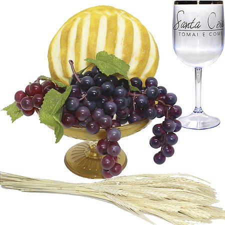 Kit Arranjo Santa Ceia Bandeja Luxo Degradê Pão Italiano M Uva Taça 290ml Trigo