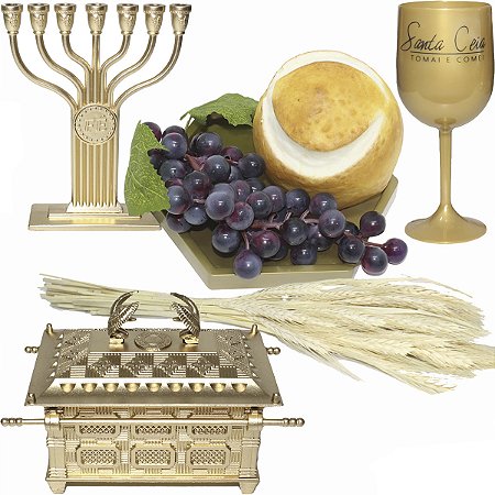 Kit Arranjo Santa Ceia Bandeja Sextavada Arca Taça Candelabro Uva Pão