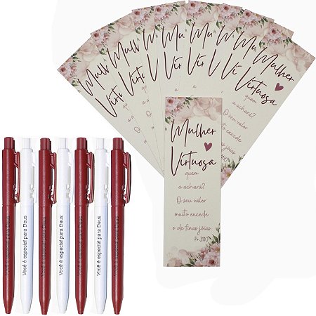 Kit 10 Marca Páginas 10 Canetas Lembrancinhas Evangélicas Mulher Virtuosa