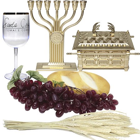 Kit Arranjo Santa Ceia Uva 35cm Pão Filão Taça 290ml Arca Aliança Candelabro e Trigo