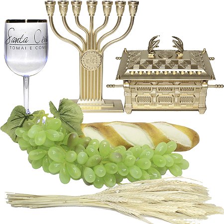 Kit Arranjo Santa Ceia Uva 35cm Pão Taça 290ml Arca Aliança Candelabro e Trigo