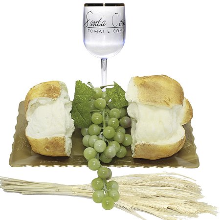 Kit Arranjo Santa Ceia Bandeja Retangular Uva 24cm Pão Partido Taça e Trigo