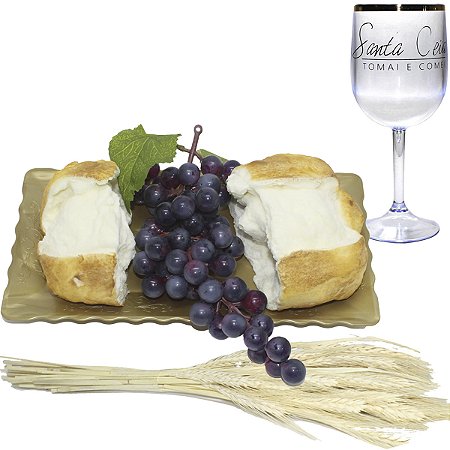 Kit Arranjo Santa Ceia Bandeja Retangular Uva 24cm Pão Partido Taça e Trigo