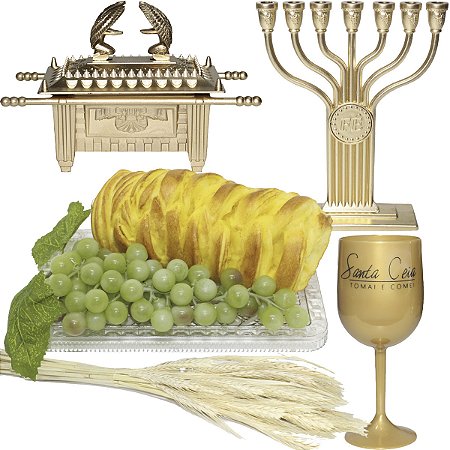 Kit Arranjo Santa Ceia Arca 10cm Uva 29cm Pão Trança Taça 290ml Candelabro Fé