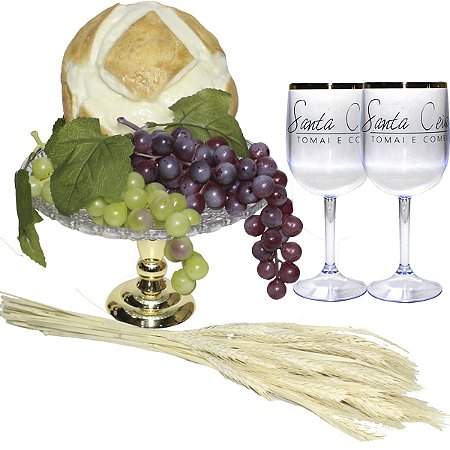 Kit Arranjo Santa Ceia Bandeja Pedestal Pão Italiano M 2 Uvas 2 Taças e Trigo