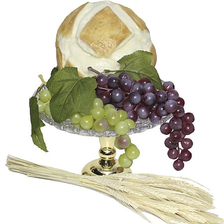 Kit Arranjo Santa Ceia Bandeja Pedestal Prata, Rose ou Dourada Pão Uvas e Trigo