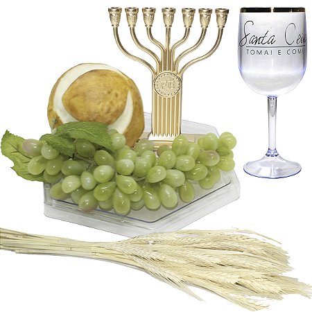 Kit Arranjo Santa Ceia Bandeja Sextavada Candelabro Fé Uva 29cm Pão Italiano Taça e Trigo