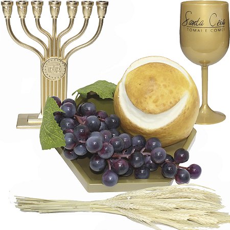 Kit Arranjo Santa Ceia Bandeja Sextavada Candelabro Fé Uva 24cm Pão Italiano Taça e Trigo