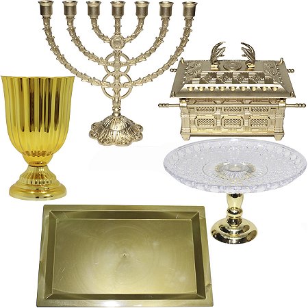 Kit Decoração Ceia Candelabro Grande Arca 15cm Vaso Dourado Metalizado Bandejas Douradas