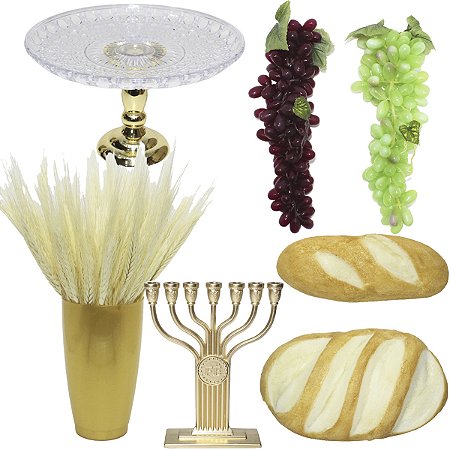 Kit Decoração Santa Ceia 2 Pães 2 Uvas 35cm Bandeja Pedestal Candelabro Fé Vaso Dourado