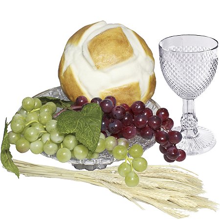 Kit Arranjo Santa Ceia Bandeja 23,5cm Taça 320ml Pão Uvas 24cm Trigo