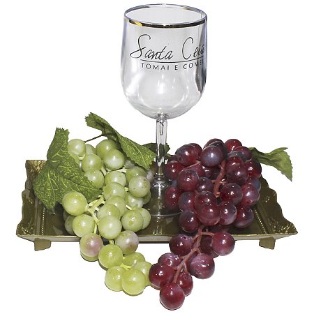 Kit Decoração Bandeja Retangular Dourada Uvas 24cm Taça 290ml