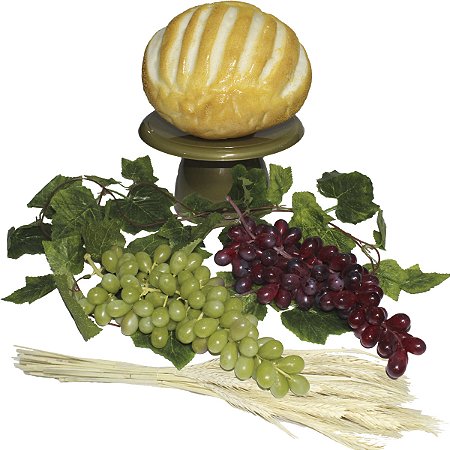 Kit Arranjo Santa Ceia Bandeja Dourada Pão Broa Uvas 29cm Folhagem Trigo