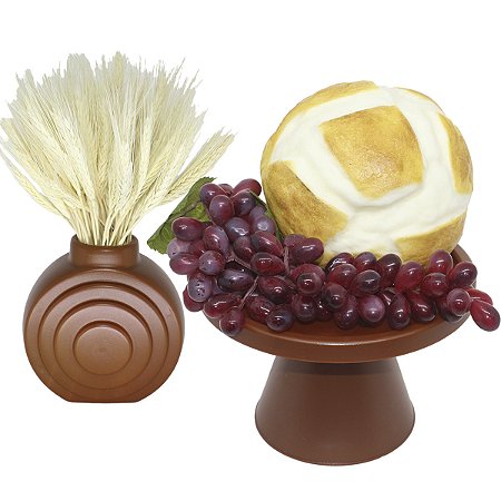 Kit Arranjo Santa Ceia Bandeja 21cm Pão Uva 29cm Vaso Com Trigo