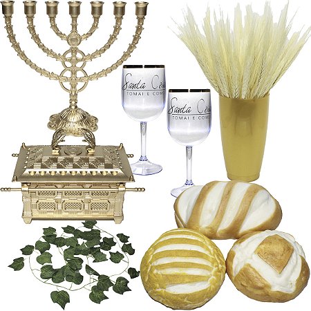 Kit Decoração Ceia Pães Folhagens Candelabro Arca 15cm Taças Vaso Com Trigo