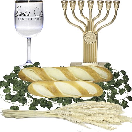 Kit Decoração Santa Ceia Pães Folhagens Candelabro Fé Taça Trigo