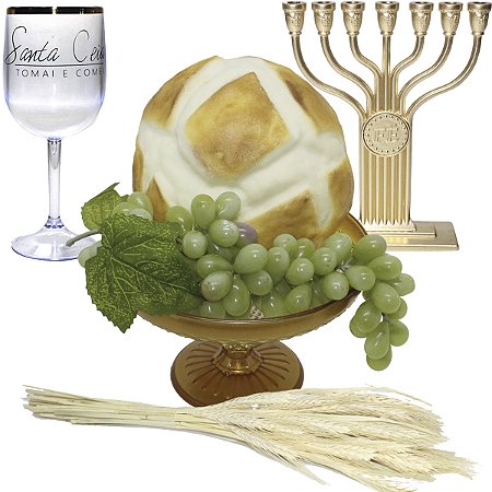 Kit Arranjo Santa Ceia Bandeja Luxo Degrade  Pão Italiano M Uvas Taça Candelabro Trigo