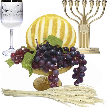 Kit Arranjo Santa Ceia Bandeja Luxo Degrade  Pão Italiano M Uvas Taça Candelabro Trigo