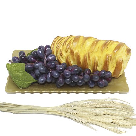 Kit Arranjo Santa Ceia Uva 29cm Pão Trança P Bandeja Retangular e Trigo