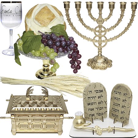 Kit Arranjo Santa Ceia Pão Médio Uvas Taça Candelabro Gd Arca da Aliança Trigo