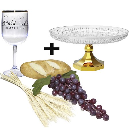 Kit Arranjo Santa Ceia Bandeja Pedestal Pão P Uva 24cm Taça e Trigo