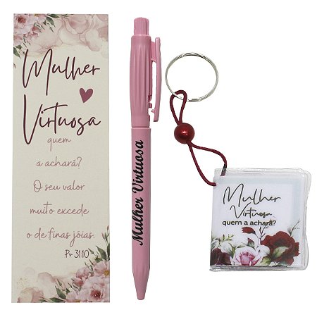 Kit Lembrancinhas Evangélicas Mulher Virtuosa Marca Página Caneta e Chaveiro Bíblia