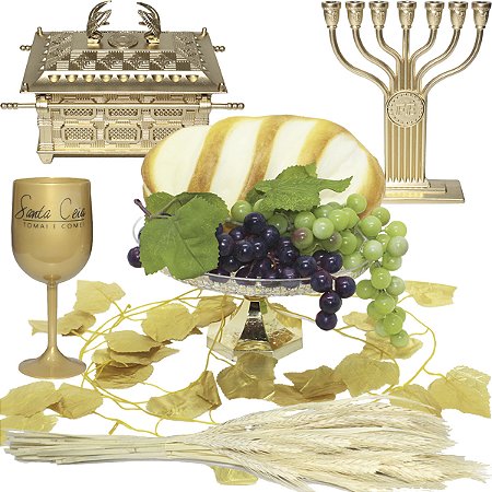 Kit Arranjo Santa Ceia Pão Arca Da Aliança Candelabro fé Folhagem Dourada Trigo