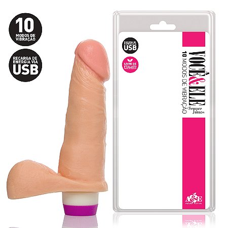 Pênis Realístico com Escroto, 10 Modos de Vibração Recarregável 16,5x4 cm