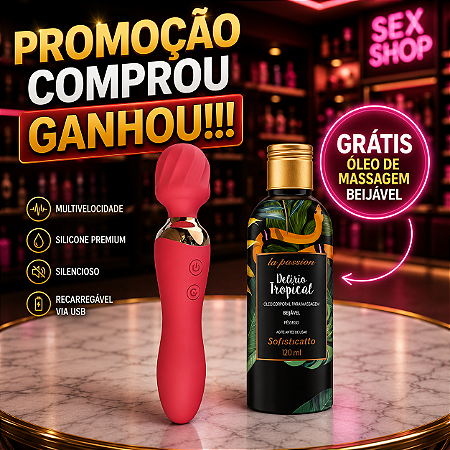 "Promoção Compre e Ganhe" Estimulador 2 em 1, Varinha Mágica e Vibrador, 12 Intensidades, Ganhe Óleo de Massagem Beijável