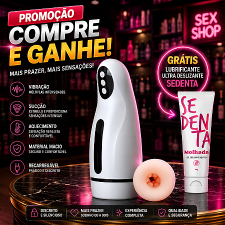 Masturbador Masculino com Vibração, Sucção e Aquecimento, Carregamento USB