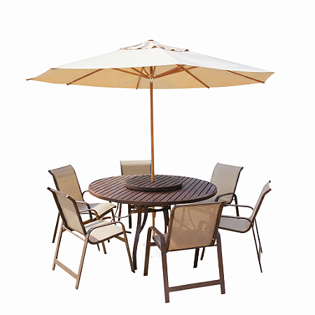 Conjunto de mesa Lótus Giro Externo com 6 Cadeiras e Ombrelone