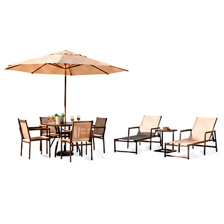 Kit Conjunto de Mesa 4 Cadeiras Perpétua, 2 Espreguiçadeiras, Mesa Lateral e Ombrelone