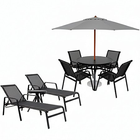 Kit Lótus Premium Jogo de Mesa com 4 Cadeiras, 2 Espreguiçadeiras e Ombrelone