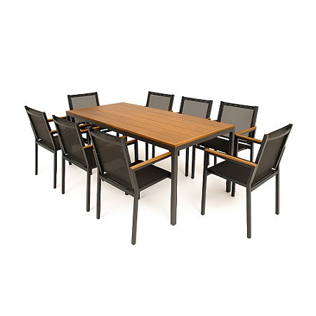 Conjunto de Mesa Retangular Perpétua com Tampo em Madeira e 8 Poltronas