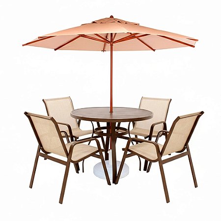 Conjunto de mesa Lótus Mesa Ripada com 4 Poltronas e Ombrelone