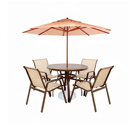 Conjunto de mesa Lótus Com Tampo Ripado 4 Cadeiras e Ombrelone