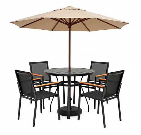 Conjunto Perpétua com Mesa Ripada 1.00m + 4 Cadeiras + Ombrelone