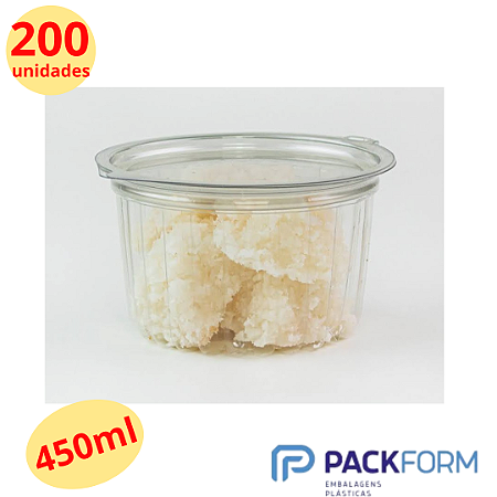 200 Unid Embalagem Pote Redondo 450ml com Tampa Articulada marca Packform® PF 771 Caixa Fechada