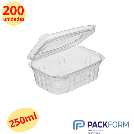 200 Unid Embalagem Pote Retangular 250ml com Tampa Articulada Packform® PF 88 Caixa Fechada