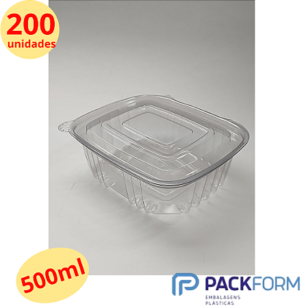 200 Unid Embalagem Pote Retangular 500ml com Tampa Articulada Packform® PF 90 Caixa Fechada