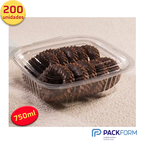 200 Unid Embalagem Pote Retangular 750ml com Tampa Articulada Packform® PF 92 Caixa Fechada