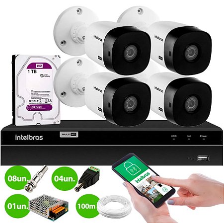 Kit 4 Câmeras Intelbras VHL 1220 B Full HD 1080p Bullet HDCVI Lite + DVR Intelbras MHDX 1204 4 Canais + HD 1Tb